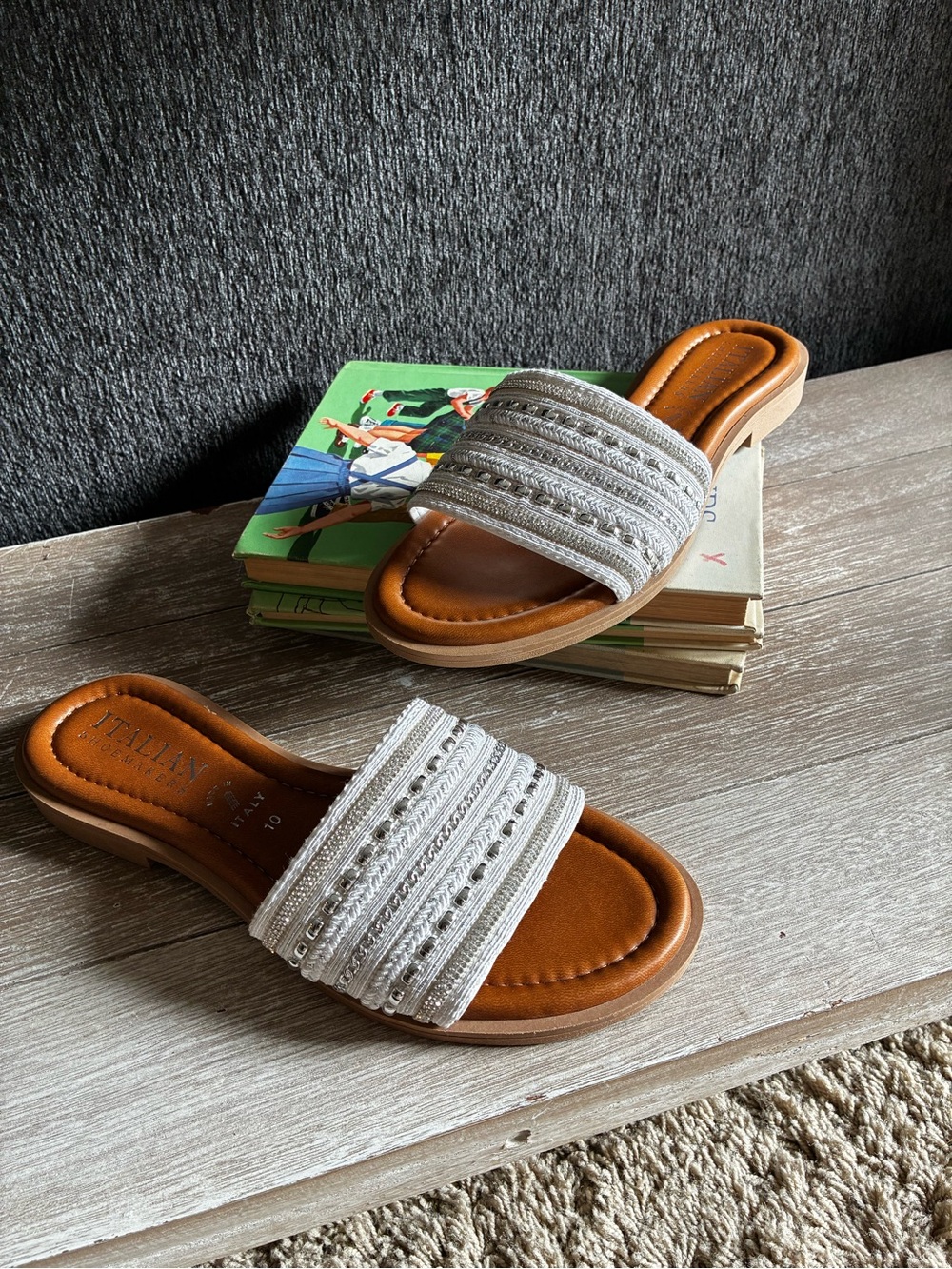 Italian Shoemakers White Boho Beaded Slide Sandals with Tan Footbed